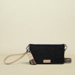 Black clutch bag with a strap on a white background