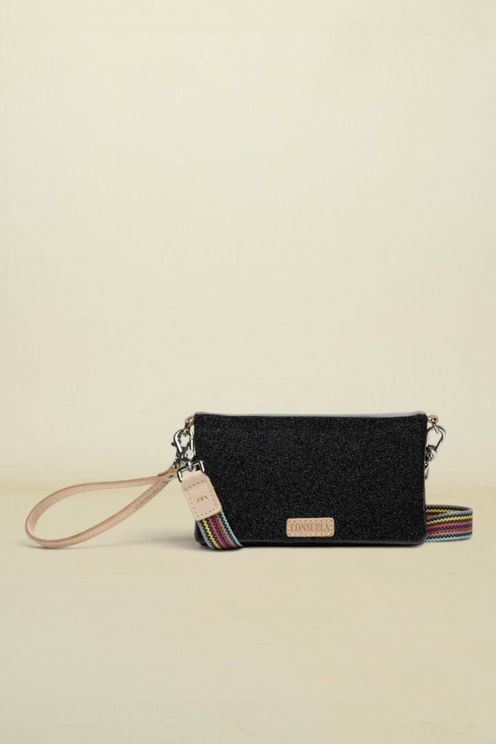 Black clutch bag with a strap on a white background