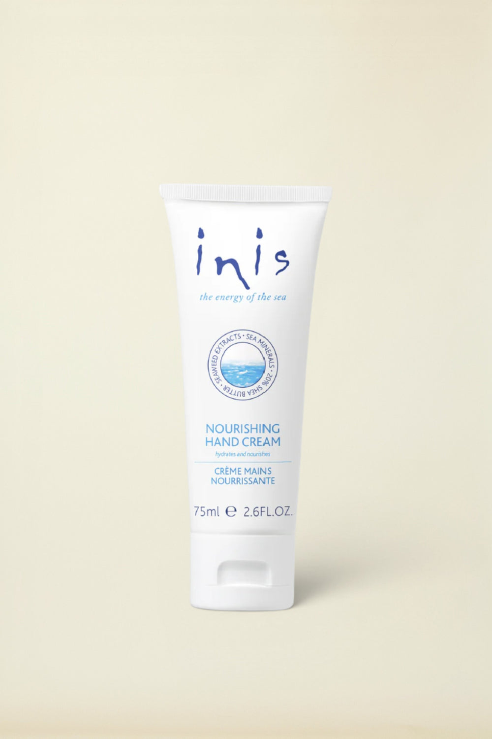 A white squeeze tube of Inis Nourishing Hand Cream with blue text and logo details, set against a clean white background.
