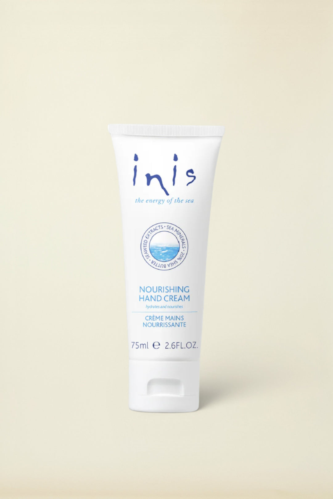 A white squeeze tube of Inis Nourishing Hand Cream with blue text and logo details, set against a clean white background.