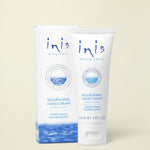A 75ml squeeze tube of inis Nourishing Hand Cream standing next to its matching retail box. The packaging features a clean white design with blue text and a circular ocean graphic, set against a plain white background.