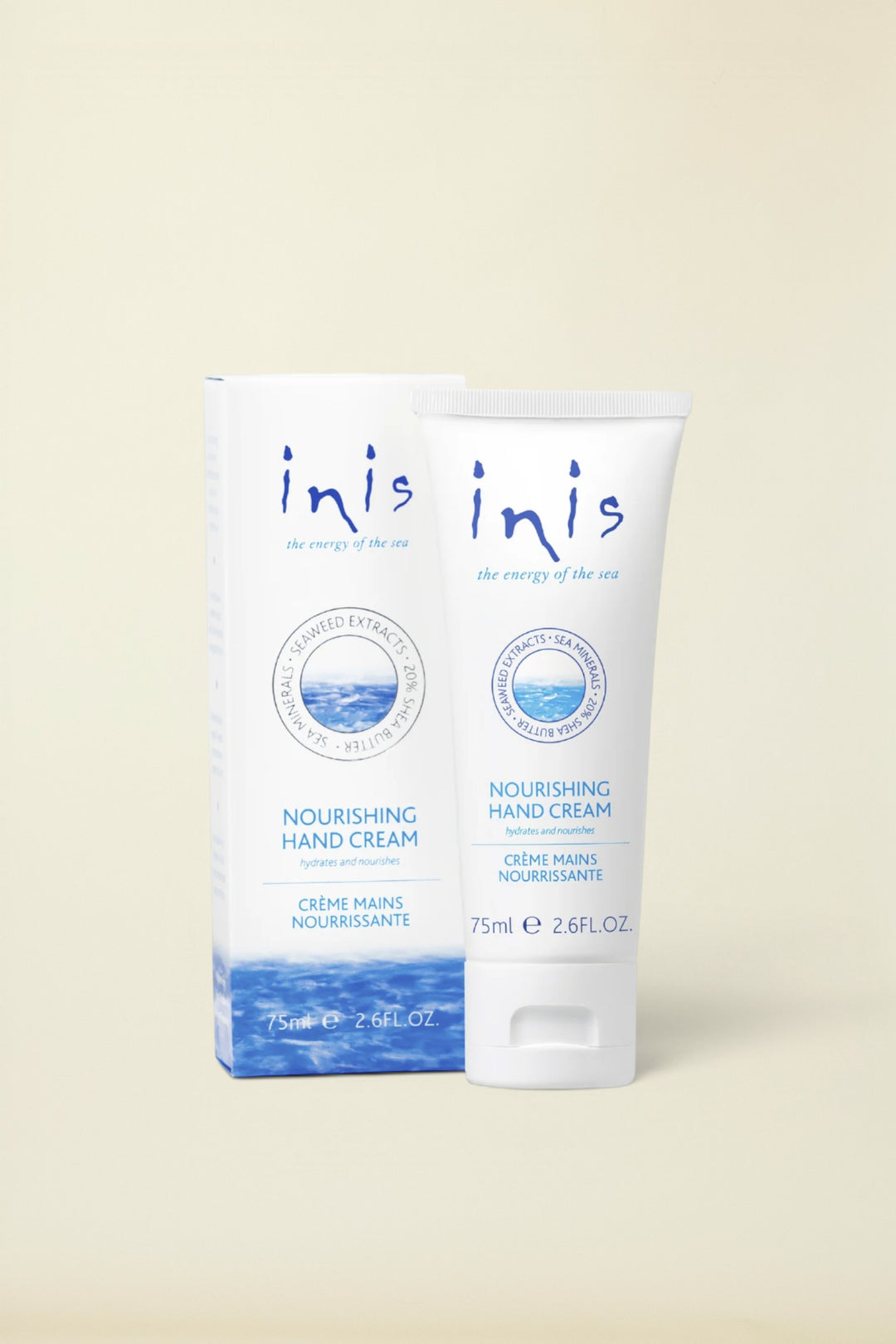 A 75ml squeeze tube of inis Nourishing Hand Cream standing next to its matching retail box. The packaging features a clean white design with blue text and a circular ocean graphic, set against a plain white background.