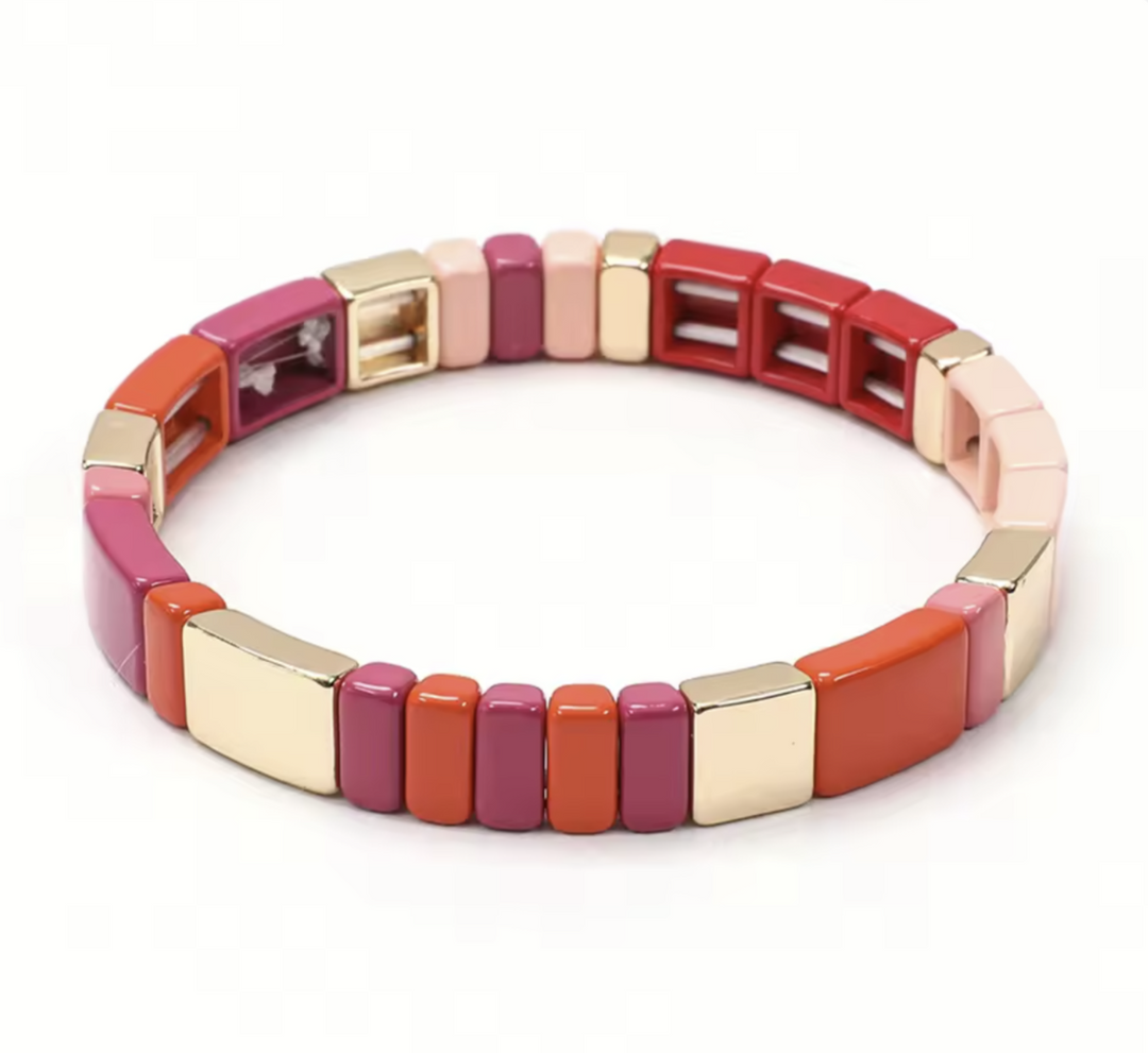 Multicolored bracelet with square beads on a white background