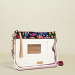 Point of Origin Consuela clear crossbody bag with floral Sophie ConsuelaCloth trim, leather accents, and woven strap.