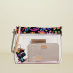 Point of Origin Consuela clear crossbody bag with floral Sophie ConsuelaCloth trim, leather details, and interior pouch.