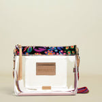Point of Origin Consuela clear crossbody bag with colorful Sophie floral print trim and natural leather accents.