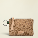 Point of Origin Consuela Lawton pouch in tan tooled leather with a zipper closure and attached metal keyring
