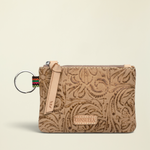 Point of Origin Consuela Lawton pouch in tan tooled leather with a zip closure, leather pull, and attached keyring.