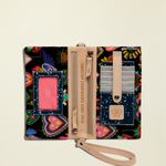 Point of Origin Consuela Vida Uptown Crossbody wallet open to show colorful heart print, card slots, and ID window.