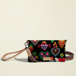 Point of Origin Consuela Vida Uptown crossbody bag in black with colorful heart print and natural leather trim