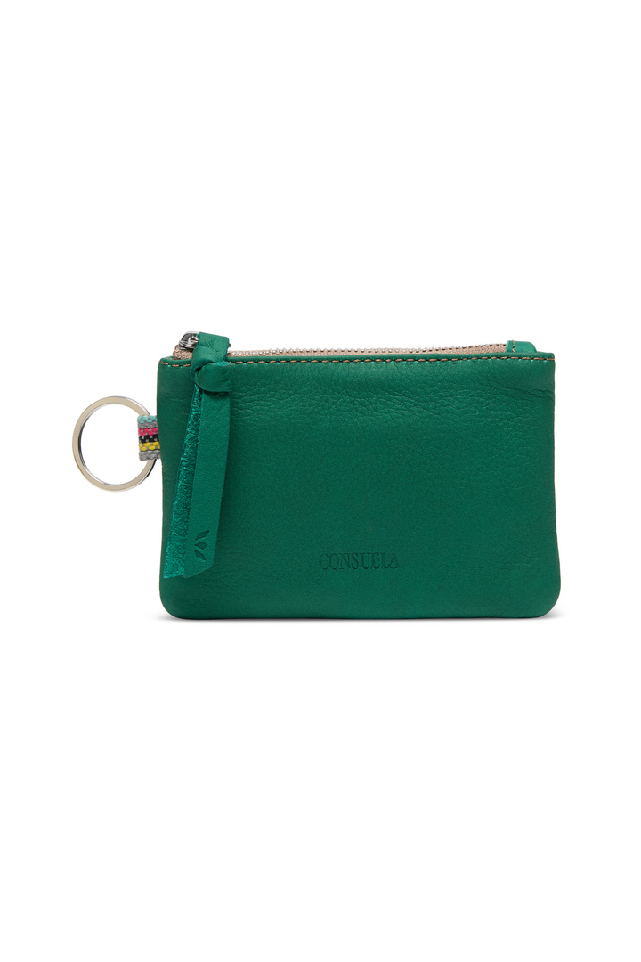 Green wallet with a key ring on a white background