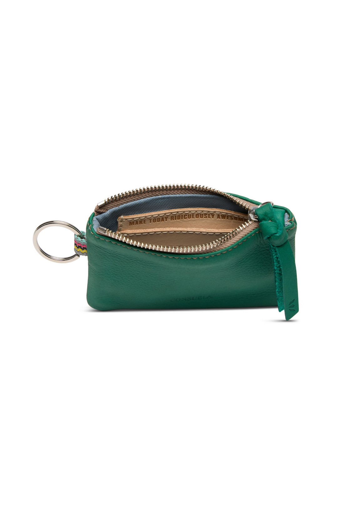 Green leather keychain pouch with zipper on a white background