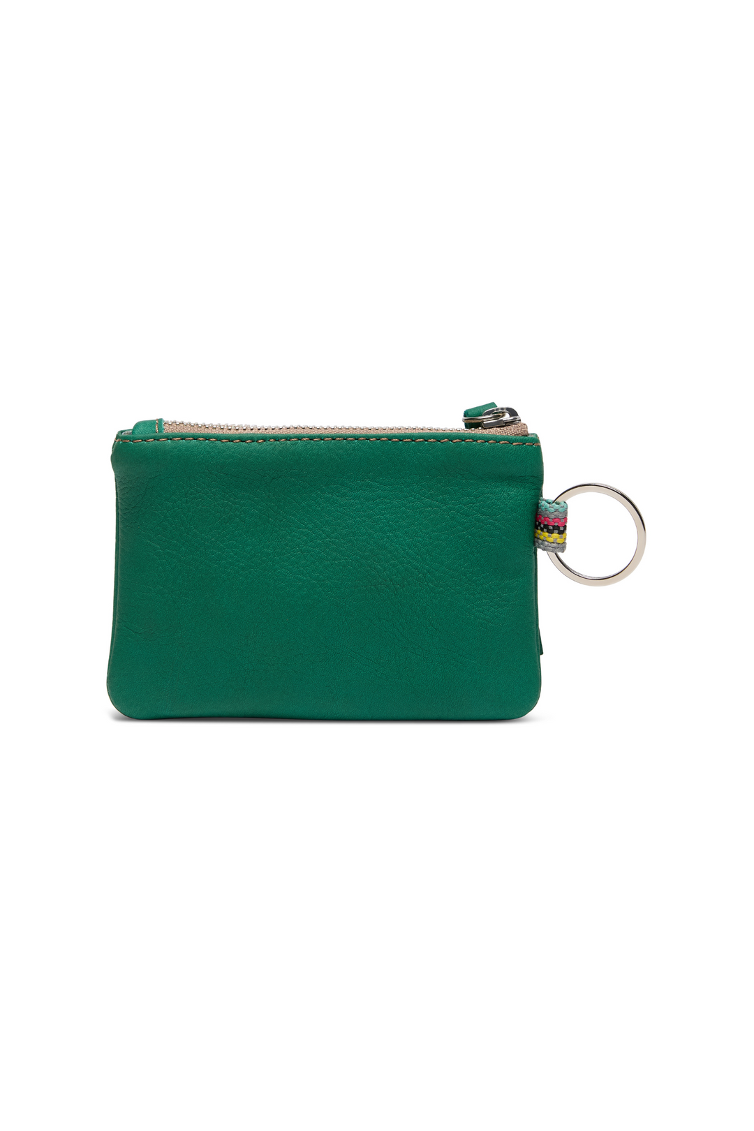 Green leather coin purse with a key ring on a white background