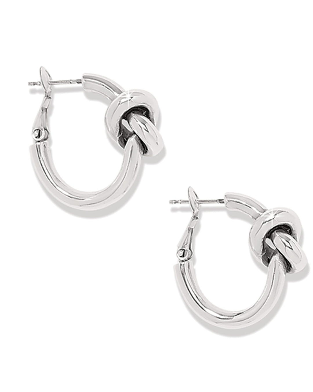 Silver hoop earrings with knot design on a white background