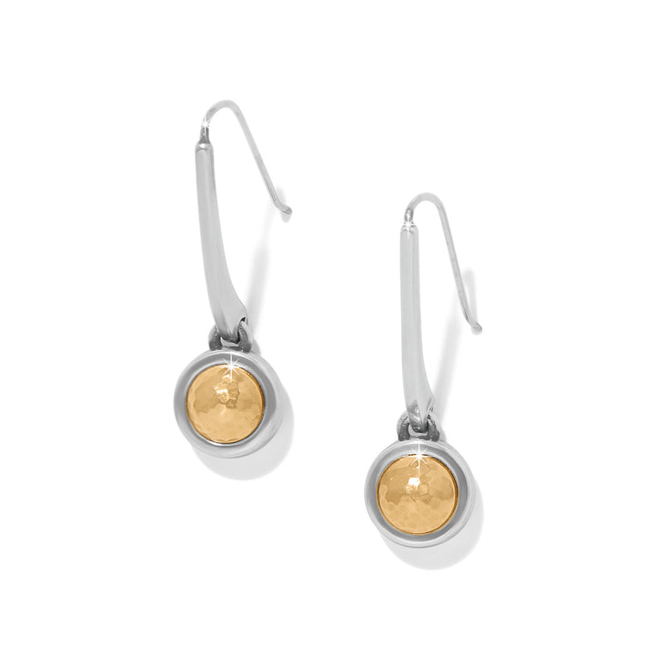Pair of earrings with gold and silver design on a white background