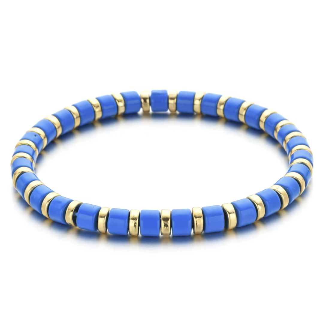 Blue and gold beaded bracelet on a white background