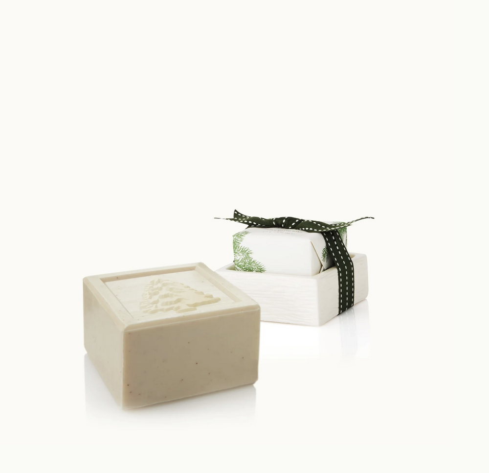 Two bars of soap, one plain and one wrapped with a green ribbon, on a white background.