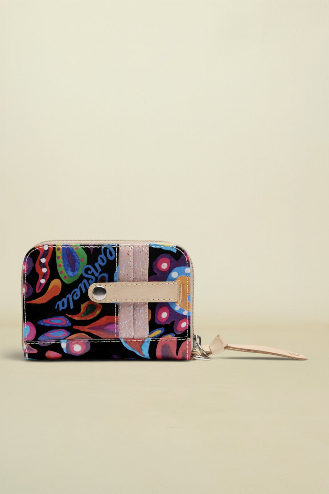 Colorful wallet with floral pattern and brand name on a white background
