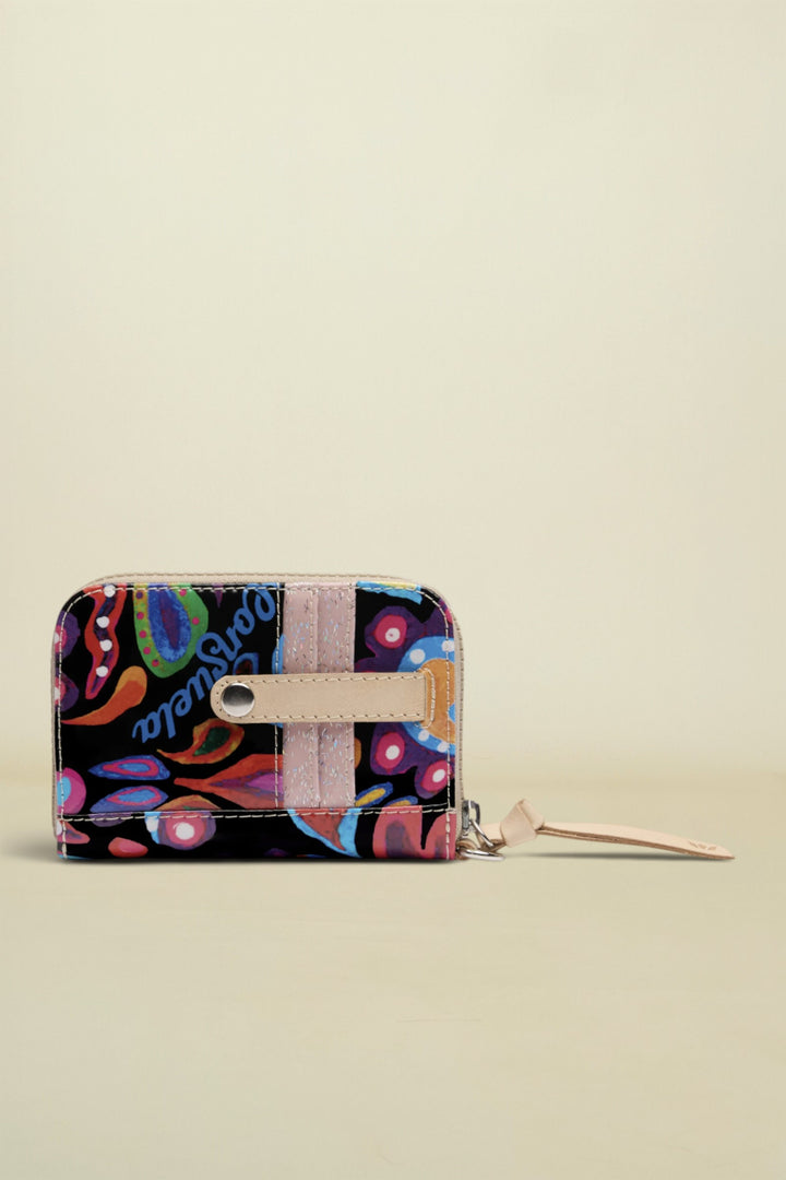 Colorful wallet with floral pattern and brand name on a white background