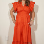 THML Red Eyelet Trim Flutter Sleeve Maxi Dress 5