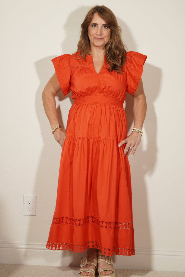 THML Red Eyelet Trim Flutter Sleeve Maxi Dress 5