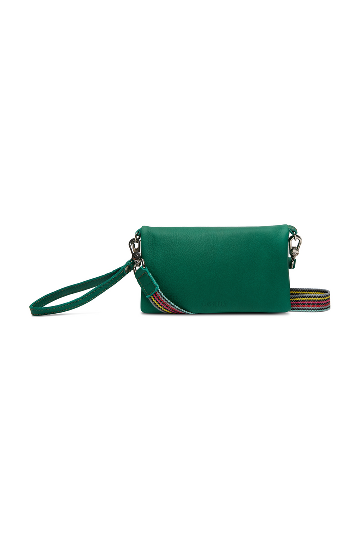 Green handbag with a colorful strap on a white background