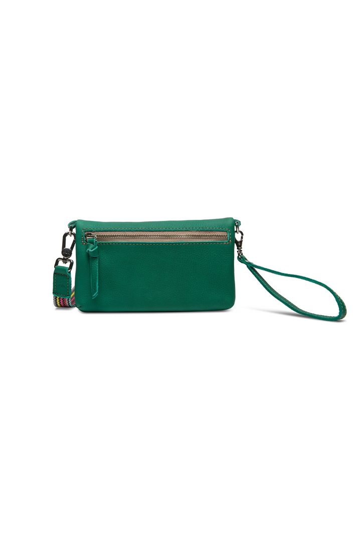 Green handbag with a strap on a white background