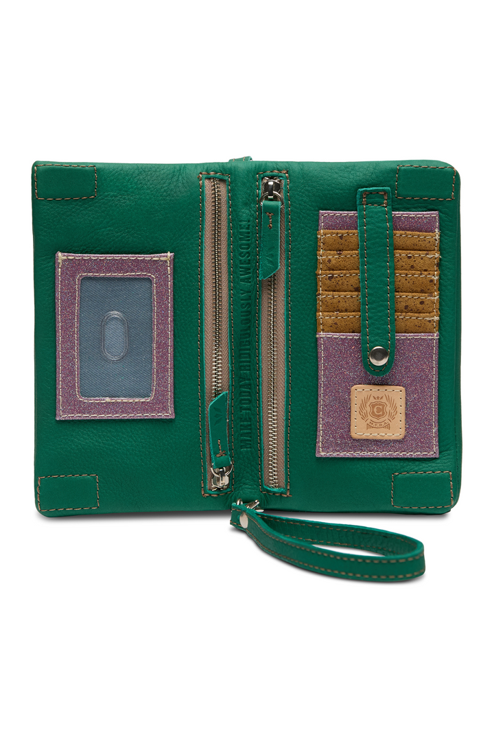 Green wallet with card slots and a wrist strap on a white background