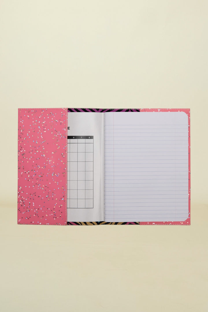 Notebook with pink cover and zebra pattern on a white background