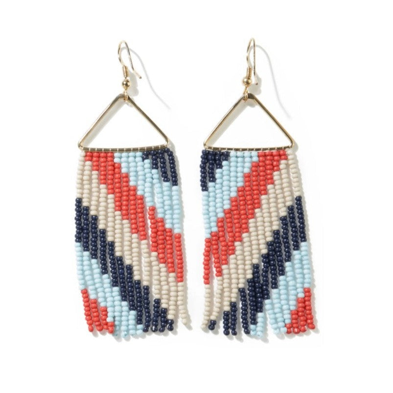 Whitney Diagonal Stripe Beaded Fringe Earrings Blue and Red