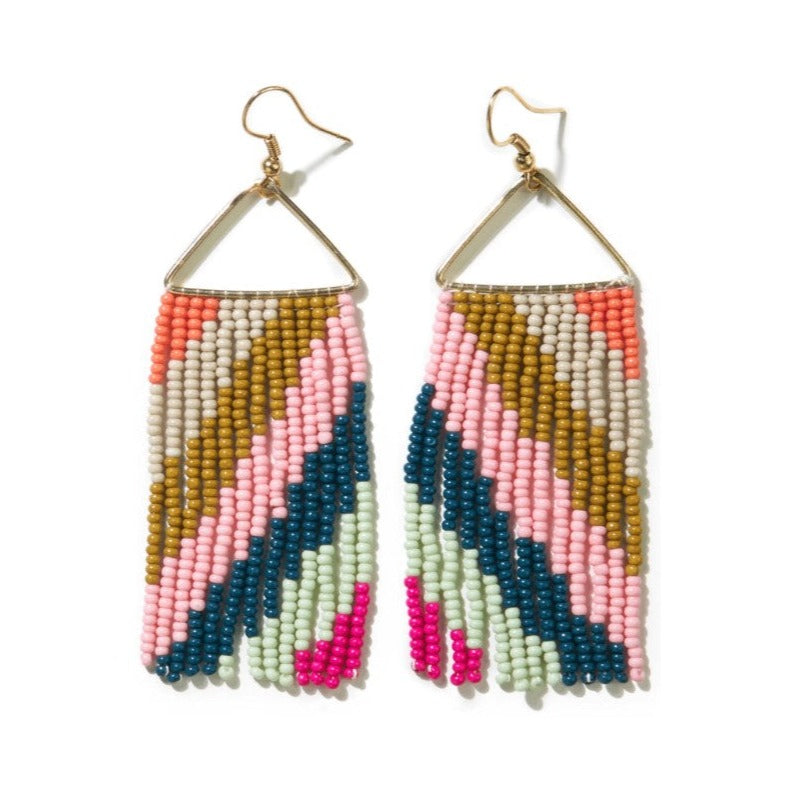 Whitney Diagonal Stripe Beaded Fringe Earrings Rainbow