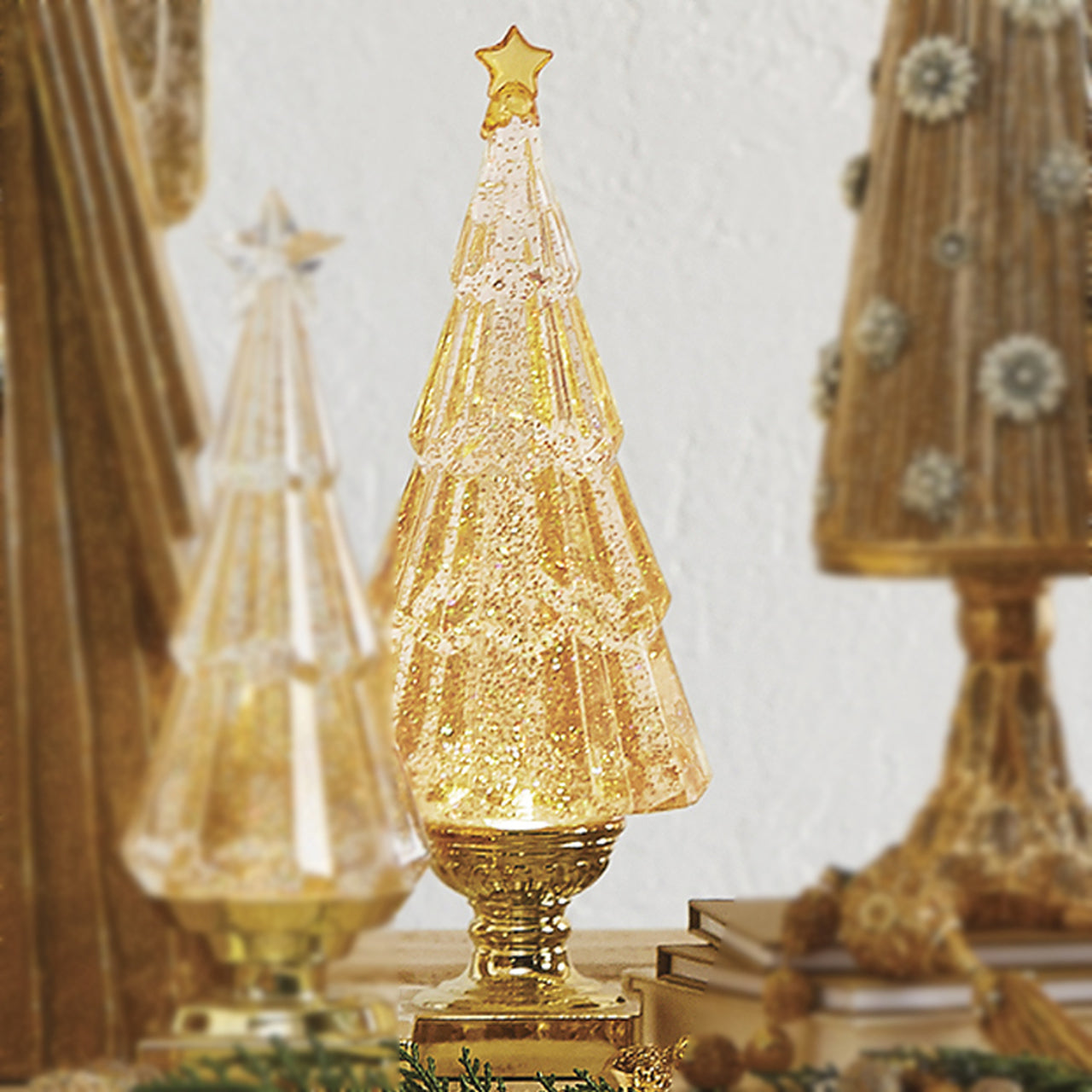 13.75" Lighted Tree with Gold Glitter Swirl