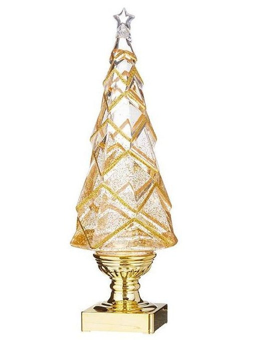 Create a display of wintry light and shadows with these beautiful LED swirling glitter gold trees.   14" Geometric Lighted Tree with Gold Swirling Glitter Made of Plastic Requires 3 AA Batteries