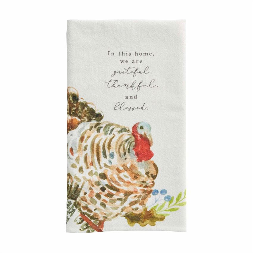 Flour sack towel with printed watercolor artwork and sentiment. Size: 26" x 16 1/2" Perfect to spice up your kitchen during the Holiday season!