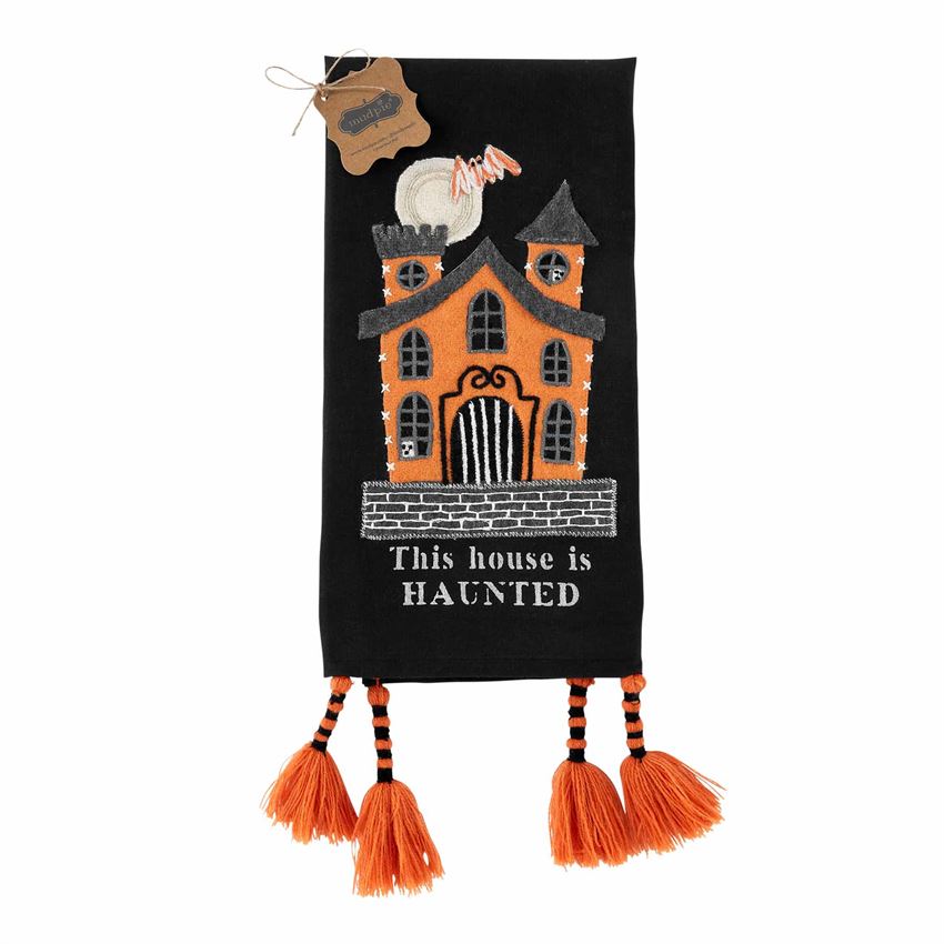 Printed cotton hand towel features haunted house applique with embroidery detail and corner tassels.  Size: 26" x 18" 100% Cotton 
