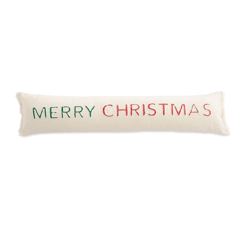 Spread the merriment with this merry addition to the holiday home, our washed natural canvas pillow, featuring a long and skinny silhouette, contrast with washed canvas MERRY CHRISTMAS sentiment applique and frayed edge details will bring holiday joy to any room.   Dimensions: 7" x 33" Comes with zipper closure. Washed cotton canvas.