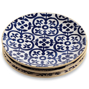 Indigo Salad Plates These stoneware salad plate features debossed mosaic pattern surface in 3 different moraccan inspired patterns. They pair beautifully with white dinner plates or just use them on their own.  Each plate is 8 1/2" diameter.
