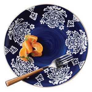 Indigo Salad Plates These stoneware salad plate features debossed mosaic pattern surface in 3 different moraccan inspired patterns. They pair beautifully with white dinner plates or just use them on their own.  Each plate is 8 1/2" diameter.