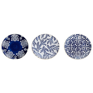 Indigo Salad Plates These stoneware salad plate features debossed mosaic pattern surface in 3 different moraccan inspired patterns. They pair beautifully with white dinner plates or just use them on their own.  Each plate is 8 1/2" diameter.