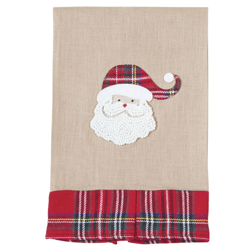 Santa and plaid, two holiday favorites together on this linen hand towel. Features tartan pleated hem and hand-knotted French knot Santa with tartan hat applique and dimensional tartan pleated bottom.  Size: 21" x 14"