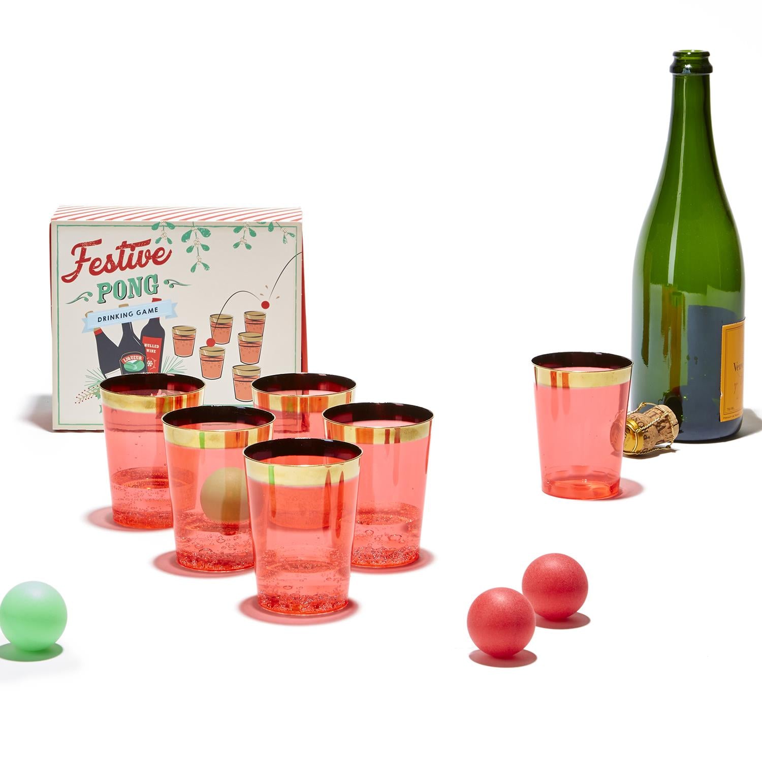 It's time for some holiday fun with this festive pong game. It is great to bring a bit of fun to your Christmas parties. Simply fill the plastic glasses with your favorite Christmas beverage and let the games begin!  Contains 12 plastic glasses 2 x red, 2 x green ping pong balls For two teams Let the games begin!