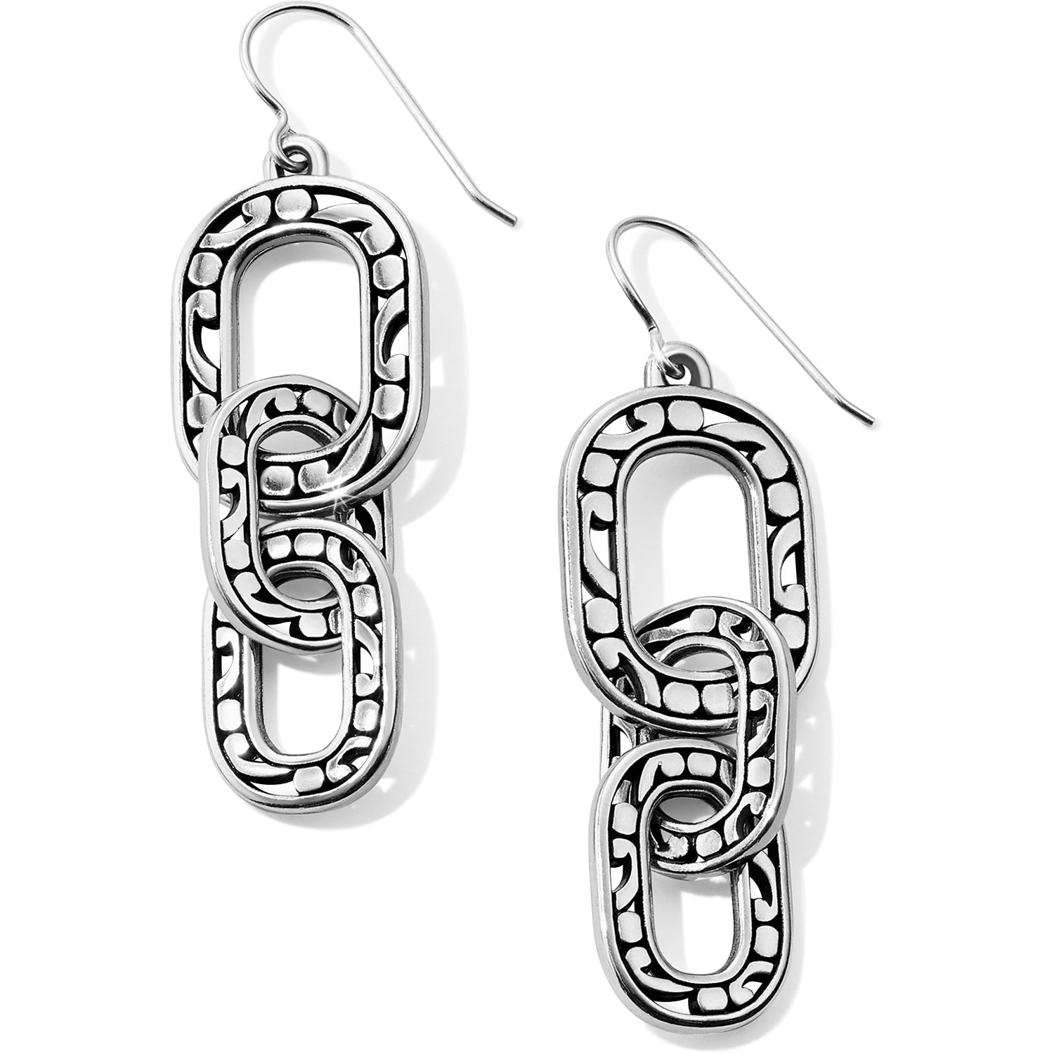 Link drops take a feminine turn when embellished with Brighton's Contempo motif, its swirls and scrolls softening them with uncommon grace. Width: 5/8" Type: French Wire Drop: 1 3/4" Finish: Silver plated