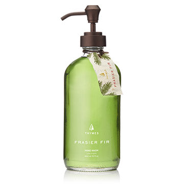 Gentle, glycerin-enhanced lather keeps hands cleansed and moisturized, leaving behind a light touch of the crisp, just-cut forest fragrance of Frasier Fir. Beautiful glass bottle comes complete with a fabric hang-tag, making a thoughtful gift to give or receive. 15 fl oz. 