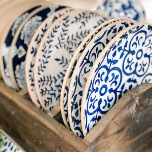 Indigo Salad Plates These stoneware salad plate features debossed mosaic pattern surface in 3 different moraccan inspired patterns. They pair beautifully with white dinner plates or just use them on their own.  Each plate is 8 1/2" diameter.