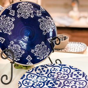 Indigo Salad Plates These stoneware salad plate features debossed mosaic pattern surface in 3 different moraccan inspired patterns. They pair beautifully with white dinner plates or just use them on their own.  Each plate is 8 1/2" diameter.