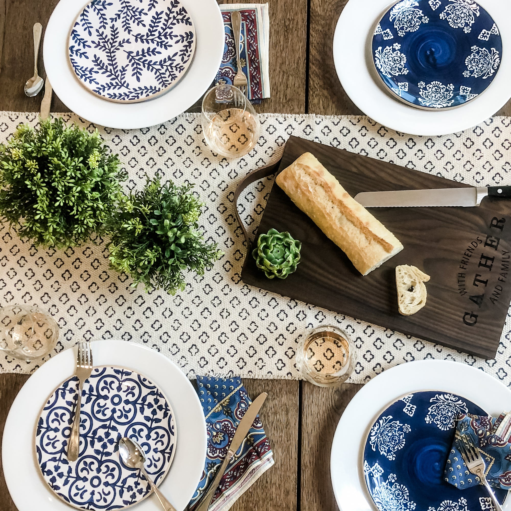 Indigo Salad Plates These stoneware salad plate features debossed mosaic pattern surface in 3 different moraccan inspired patterns. They pair beautifully with white dinner plates or just use them on their own.  Each plate is 8 1/2" diameter.