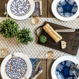 Indigo Salad Plates These stoneware salad plate features debossed mosaic pattern surface in 3 different moraccan inspired patterns. They pair beautifully with white dinner plates or just use them on their own.  Each plate is 8 1/2" diameter.