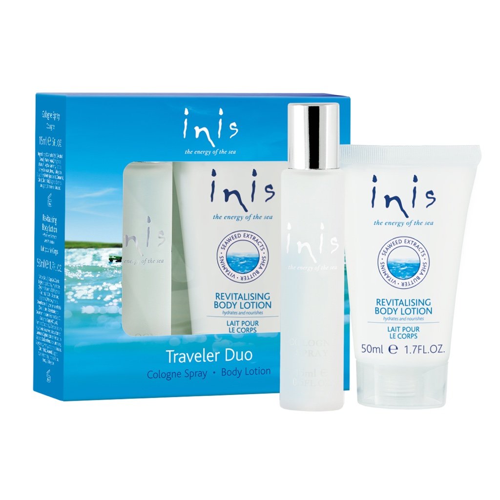 This traveler duo, which makes a great grab-n-go gift at a great value, includes a travel size spray and a free revitalizing body lotion.  Energy of the Sea is their signature scent that captures the coolness, clarity and purity of the ocean. Inis contributes to the protection and conservation of Whales and Dolphins.  Gift-Boxed Never tested on animals Travel spray unisex perfume 15 ml (.5 fl oz.) Revitalizing body lotion 50 ml (1.7 fl oz.)