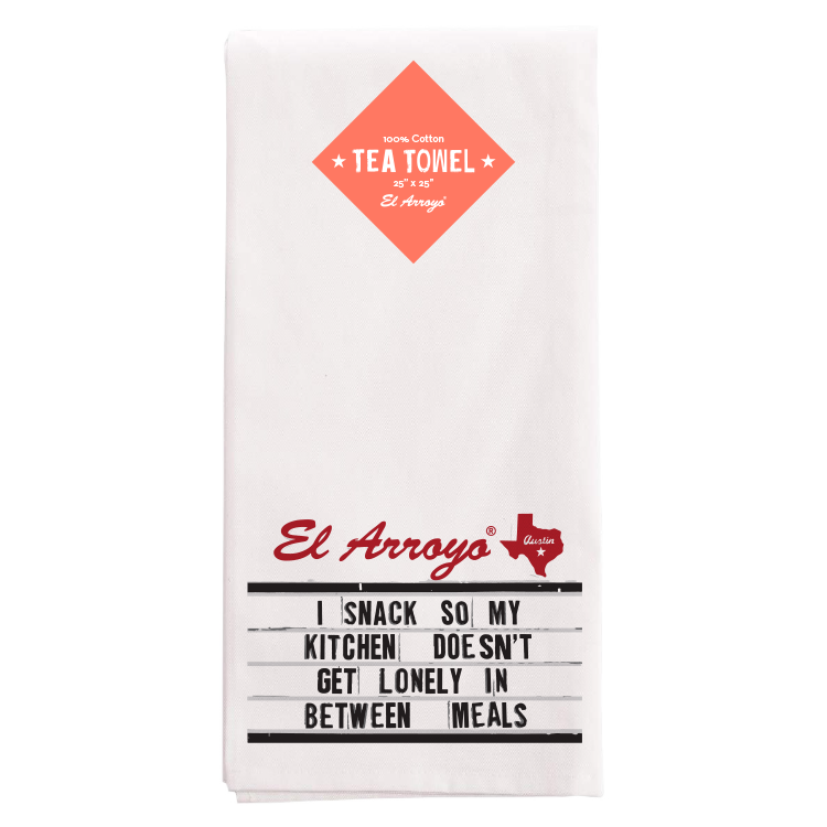 Add a little fun to your kitchen or bathroom with these fun towels. Perfect for drying, cleaning or decorating with this kitchen towel saying "I snack so my kitchen doesn't get lonely in between meals"  DIMENSIONS: 25” x 25” 100% cotton towel, very soft to the touch Machine washable makes it easy for cleanup Hanging loop allowing you to hang for display in your kitchen Soft white color that will look good in any kitchen