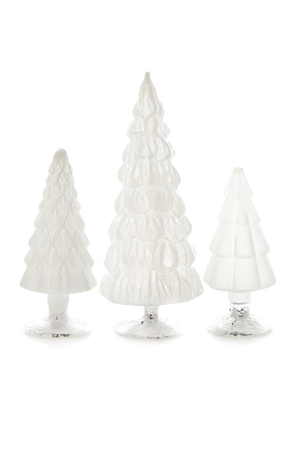 Create a display of winter whites with these glass trees. Their mottled antiqued surfaces beautifully reflect lights and will add a beautiful touch of color to your display.   Set of 3. Dimensions: 4-6.75"H Material: Glass